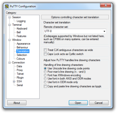 PuTTY remote character set configuration